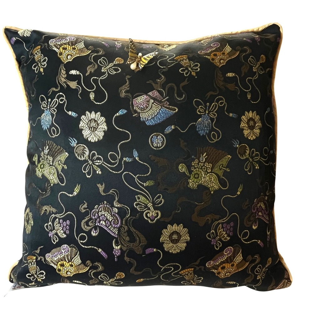 Newport Chinoiserie‎ Silk Jacquard Throw Pillow Black Gold Lux Made in USA